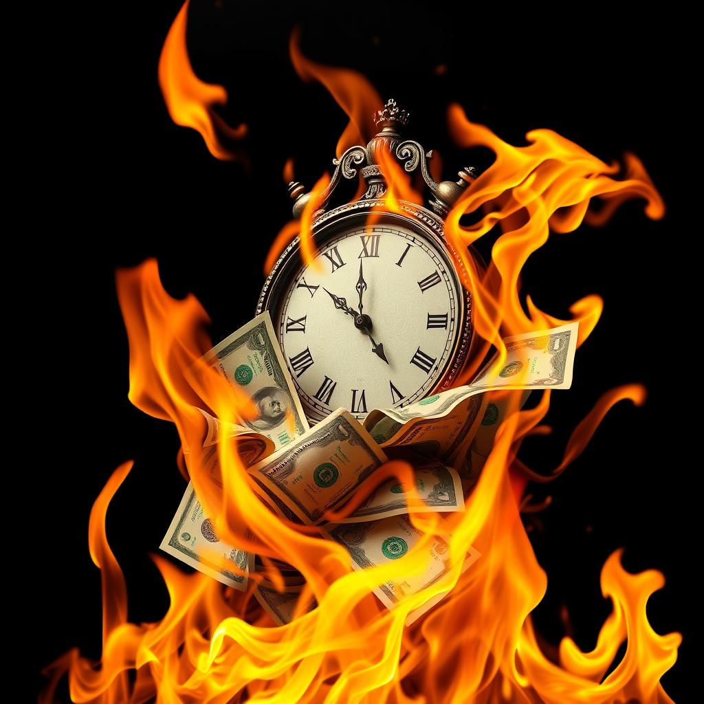 A dynamic composition featuring flames and money intertwined, with a clock showing the time