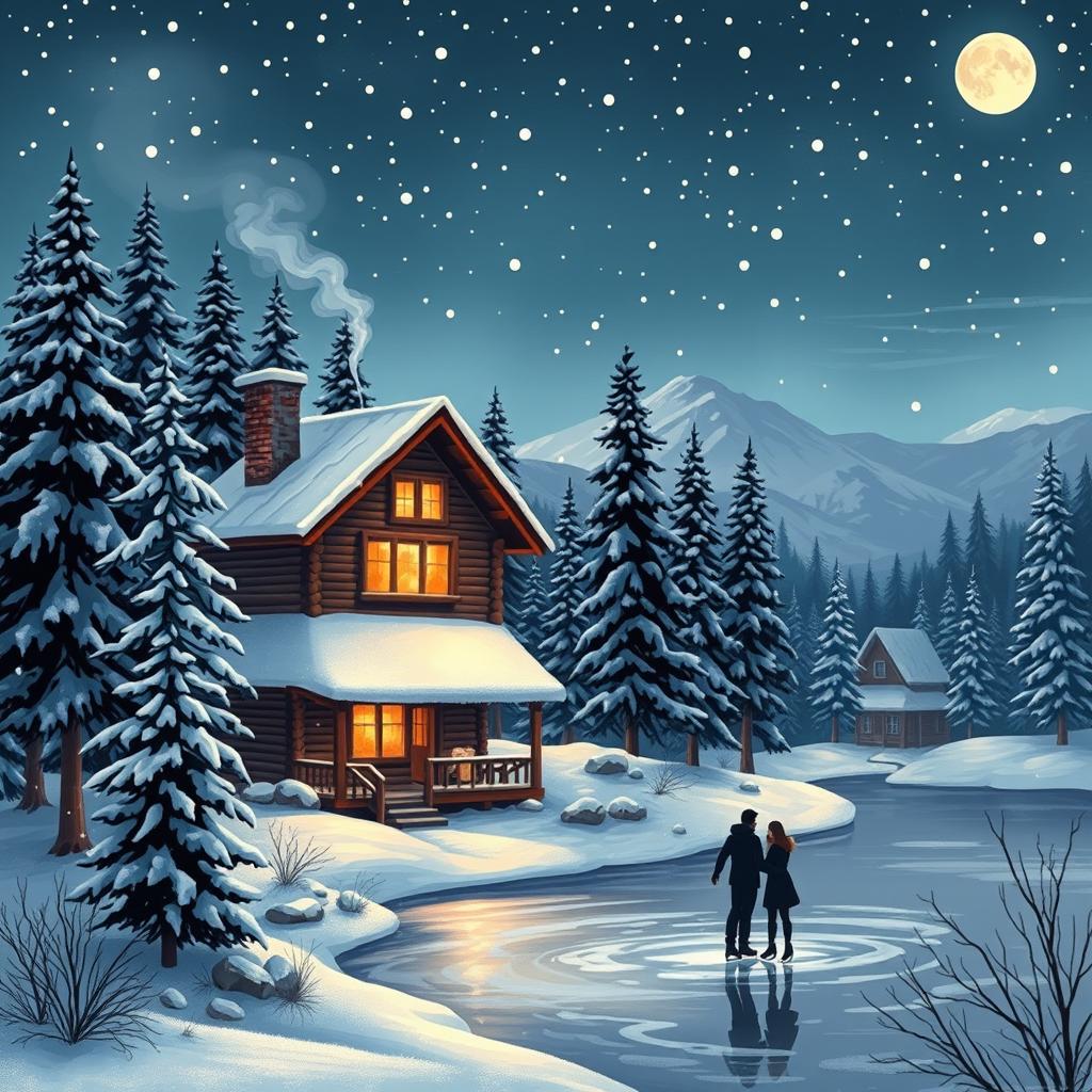 A serene winter landscape featuring a cozy log cabin surrounded by snow-covered pines under a starry night sky, with gentle snowflakes falling, warm light glowing from the cabin windows, and smoke curling from the chimney