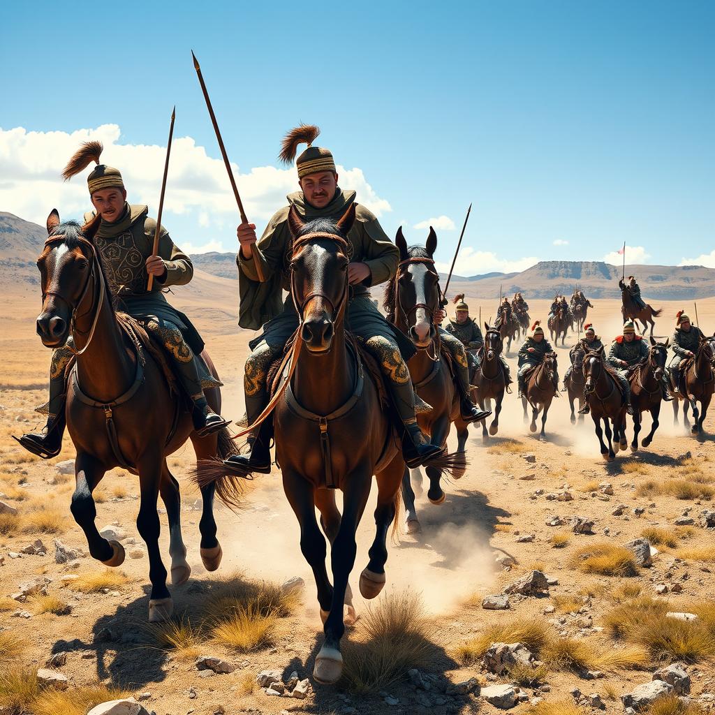 A powerful scene depicting a group of Mongolian army soldiers riding strong, majestic horses across a vast, rugged landscape