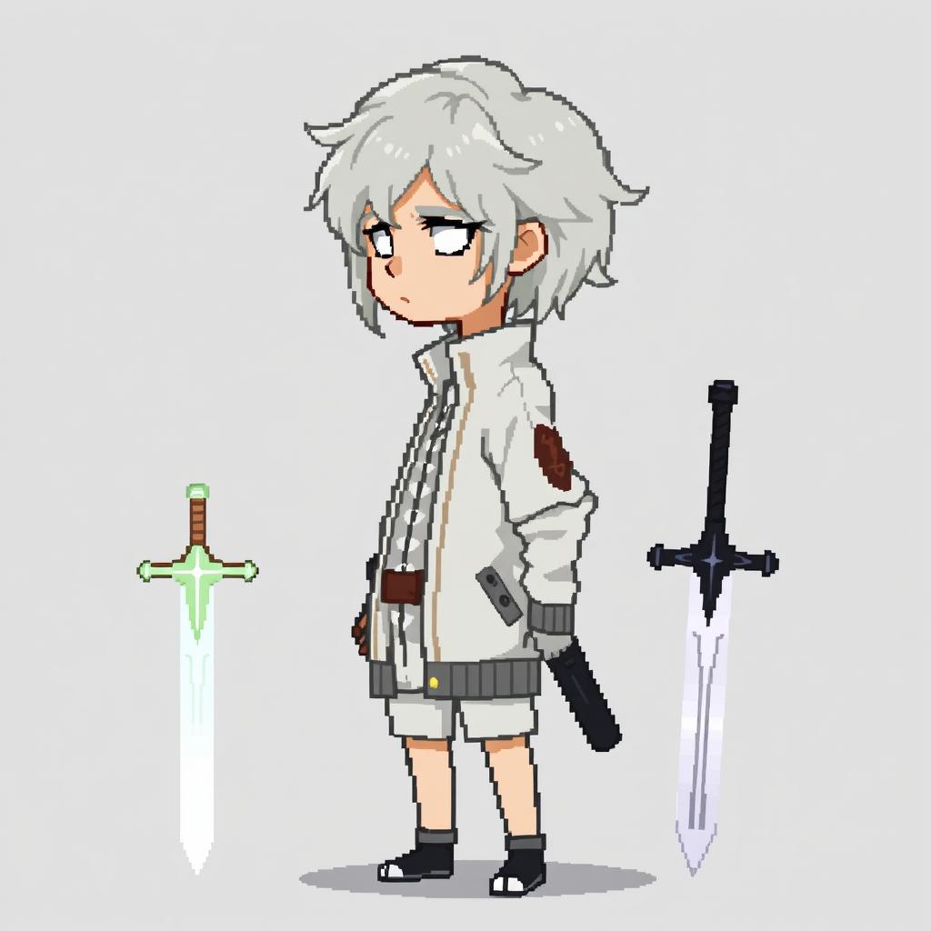 A pixel art 2D character standing in profile at full height, approximately 45 pixels tall