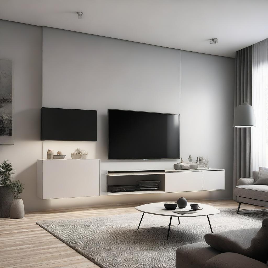 A modern living room with a large, sleek TV mounted on a 260 cm long wall, next to a stylishly designed 180 cm tall closet to the right.