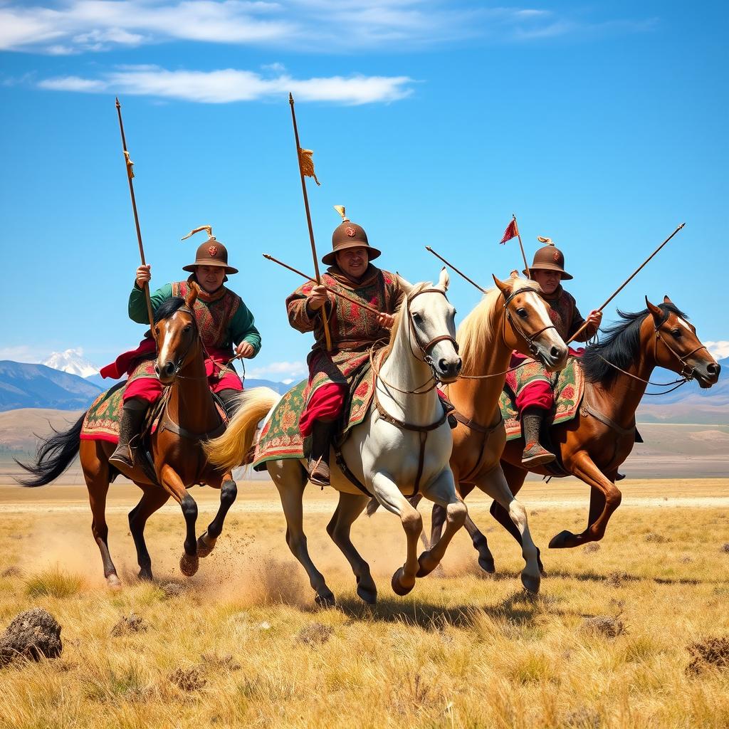 A dynamic scene depicting Mongolian horsemen riding strong horses across the vast, open steppes, wielding traditional horsewhips