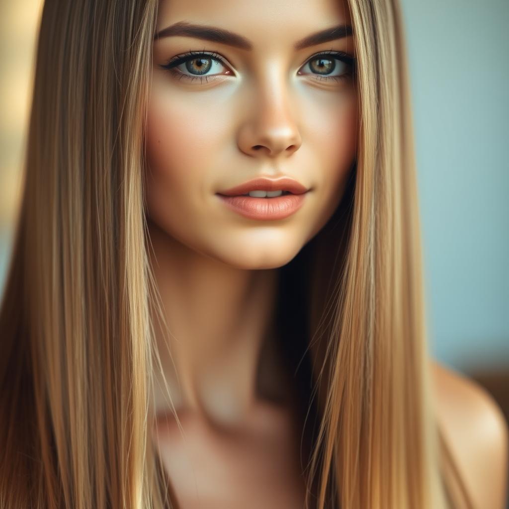 A close-up portrait of a stylish young woman with sleek, shiny straight hair cascading down her shoulders