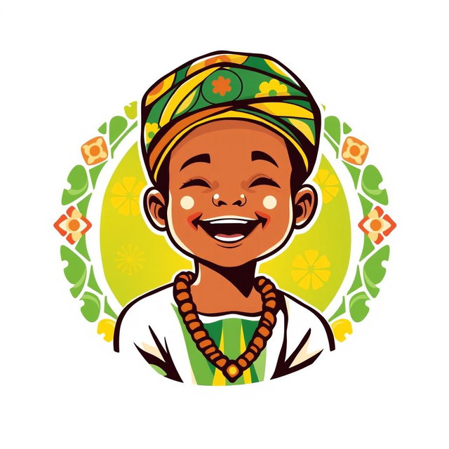 A logo design featuring a young Yoruba boy, smiling joyfully