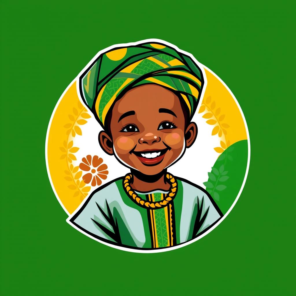 A logo design featuring a young Yoruba boy, smiling joyfully