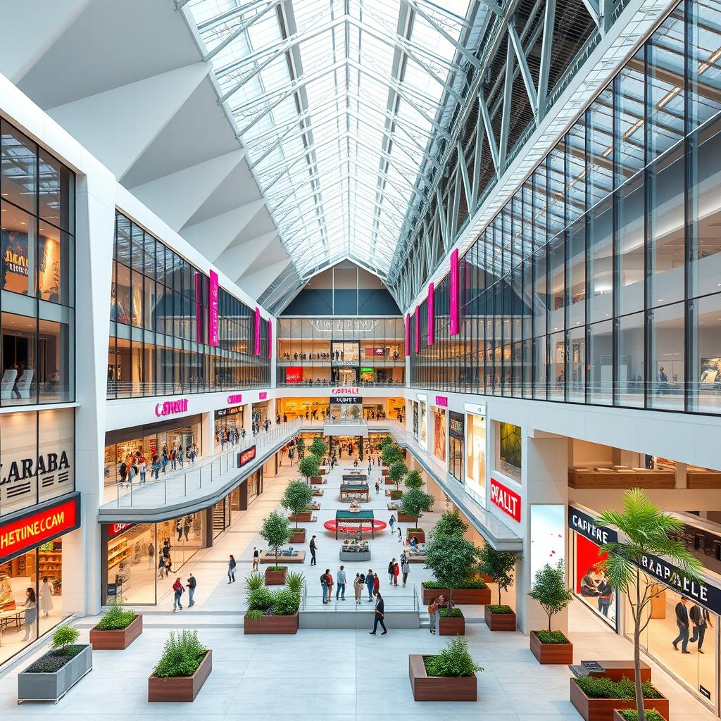A detailed 3D design of a modern shopping mall featuring a linear layout with angular architecture