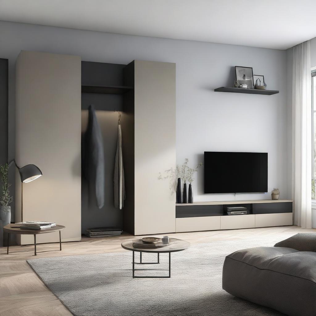 A modern living room with a large, sleek TV mounted on a 260 cm long wall, next to a stylishly designed 180 cm tall closet to the right.