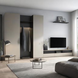 A modern living room with a large, sleek TV mounted on a 260 cm long wall, next to a stylishly designed 180 cm tall closet to the right.