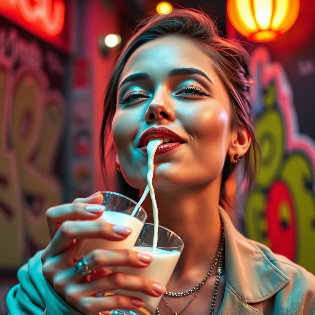 A captivating image of a person in a modern urban setting, elegantly sipping a white liquid from a stylish glass