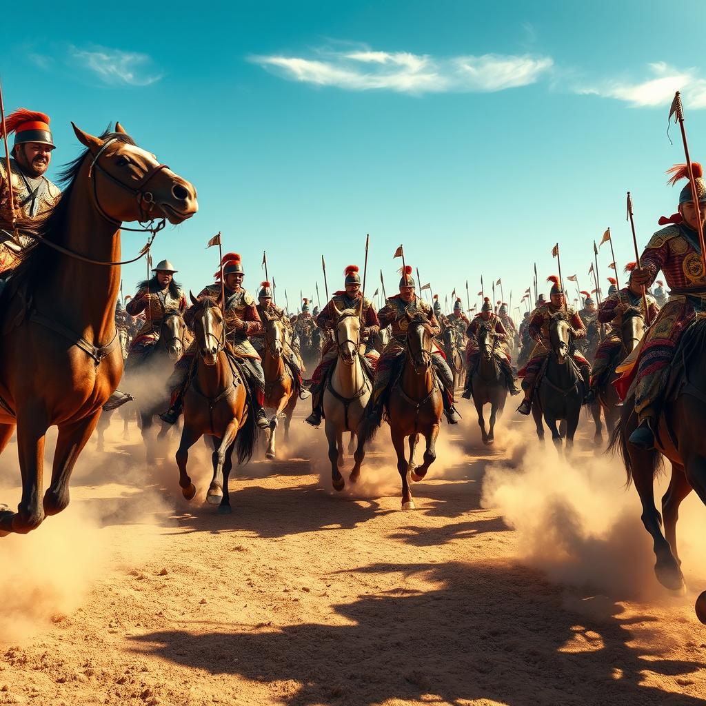 A dramatic scene depicting thousands of fierce Mongol commanders on horseback, each rider expertly managing their powerful steeds with whips