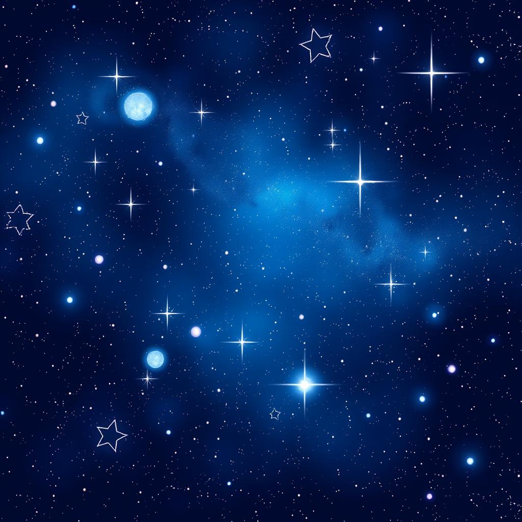 A vibrant and captivating starry night sky, filled with twinkling stars of various sizes, including soft glowing orbs and constellations, seamlessly blending deep blues and purples with touches of white and silver