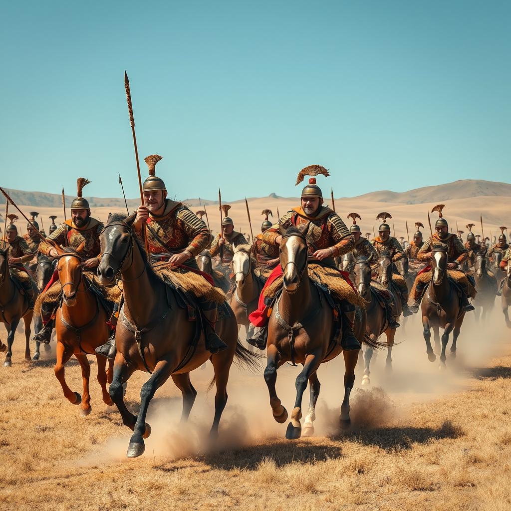 A vast open landscape filled with thousands of Mongol commanders riding at full gallop on their strong, majestic steeds