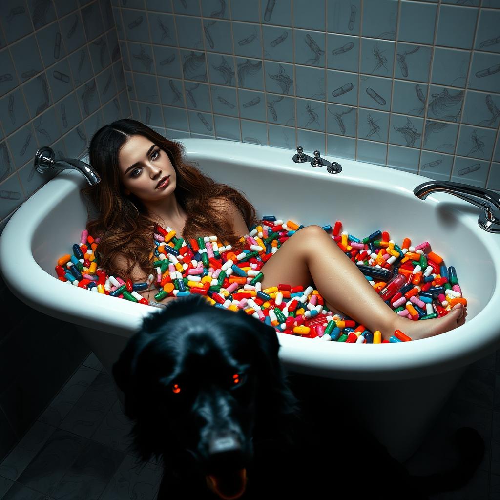 A surreal and striking image of a woman relaxing in a luxurious bathtub filled with an array of colorful pills and drugs