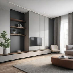 A modern living room with a large, sleek TV mounted on a 260 cm long wall, next to a stylishly designed 180 cm tall closet to the right.