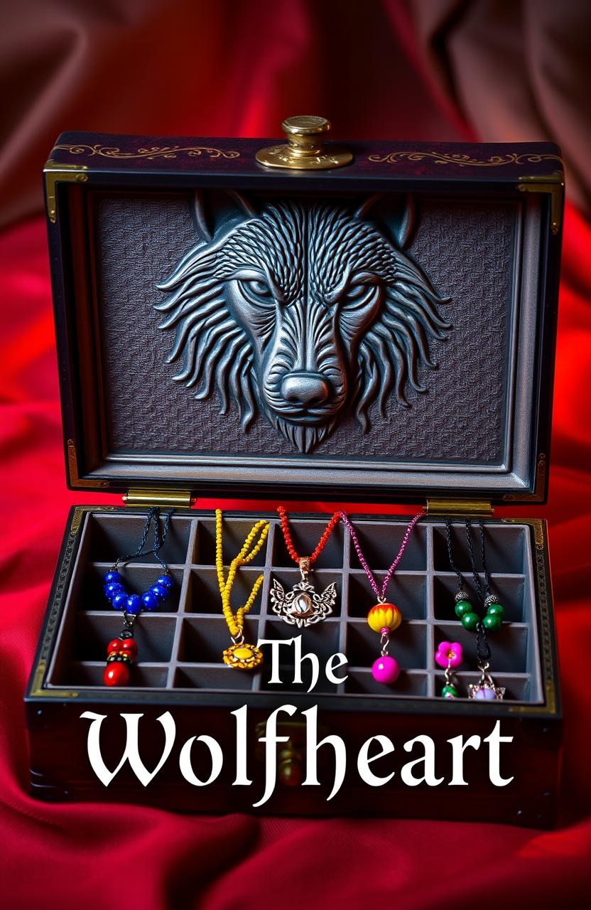 A mystical box with a detailed wolf face engraved on the lid, showcasing intricate fur texture and piercing eyes