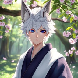 A kitsune guy with striking white hair and prominent fox ears, showcasing a mystical and enchanting appearance