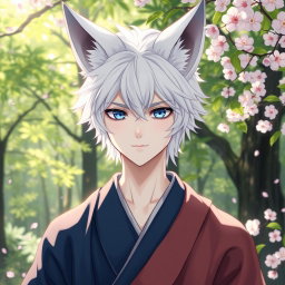 A kitsune guy with striking white hair and prominent fox ears, showcasing a mystical and enchanting appearance