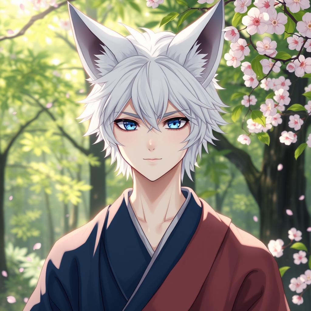 A kitsune guy with striking white hair and prominent fox ears, showcasing a mystical and enchanting appearance