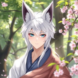 A kitsune guy with striking white hair and prominent fox ears, showcasing a mystical and enchanting appearance