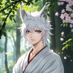 A kitsune guy with striking white hair and prominent fox ears, showcasing a mystical and enchanting appearance