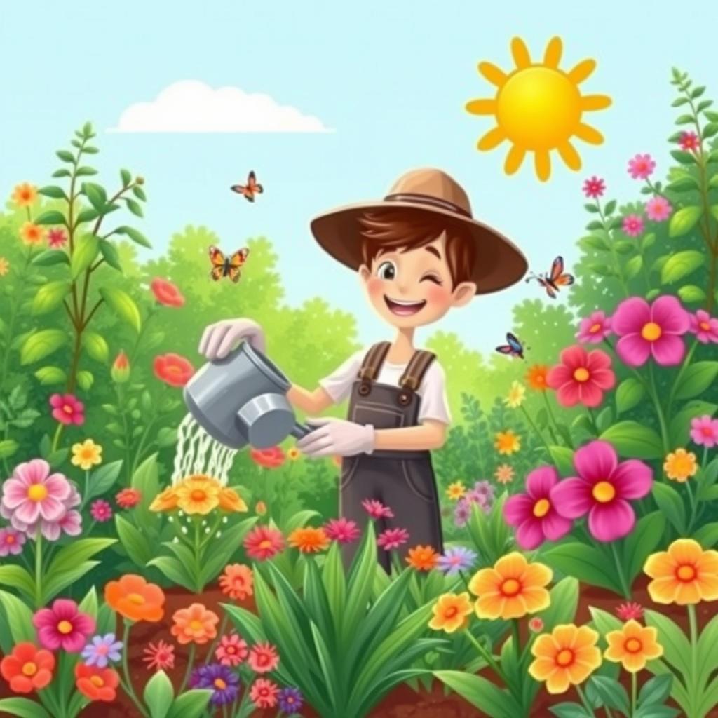 A cute cartoon-style gardener happily tending to vibrant plants in a sunny garden