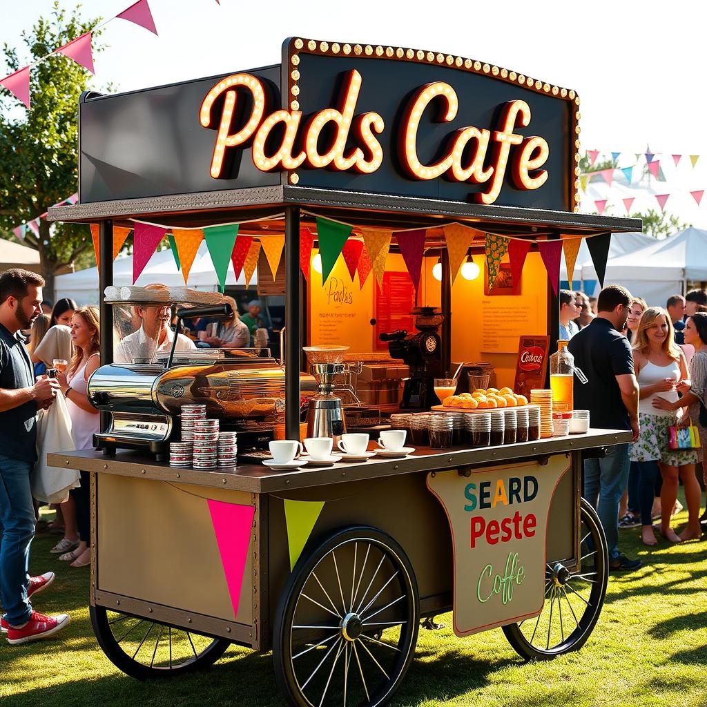 A vibrant coffee cart designed for events, featuring a large, attractive sign displaying the name 'Pads Cafe' prominently
