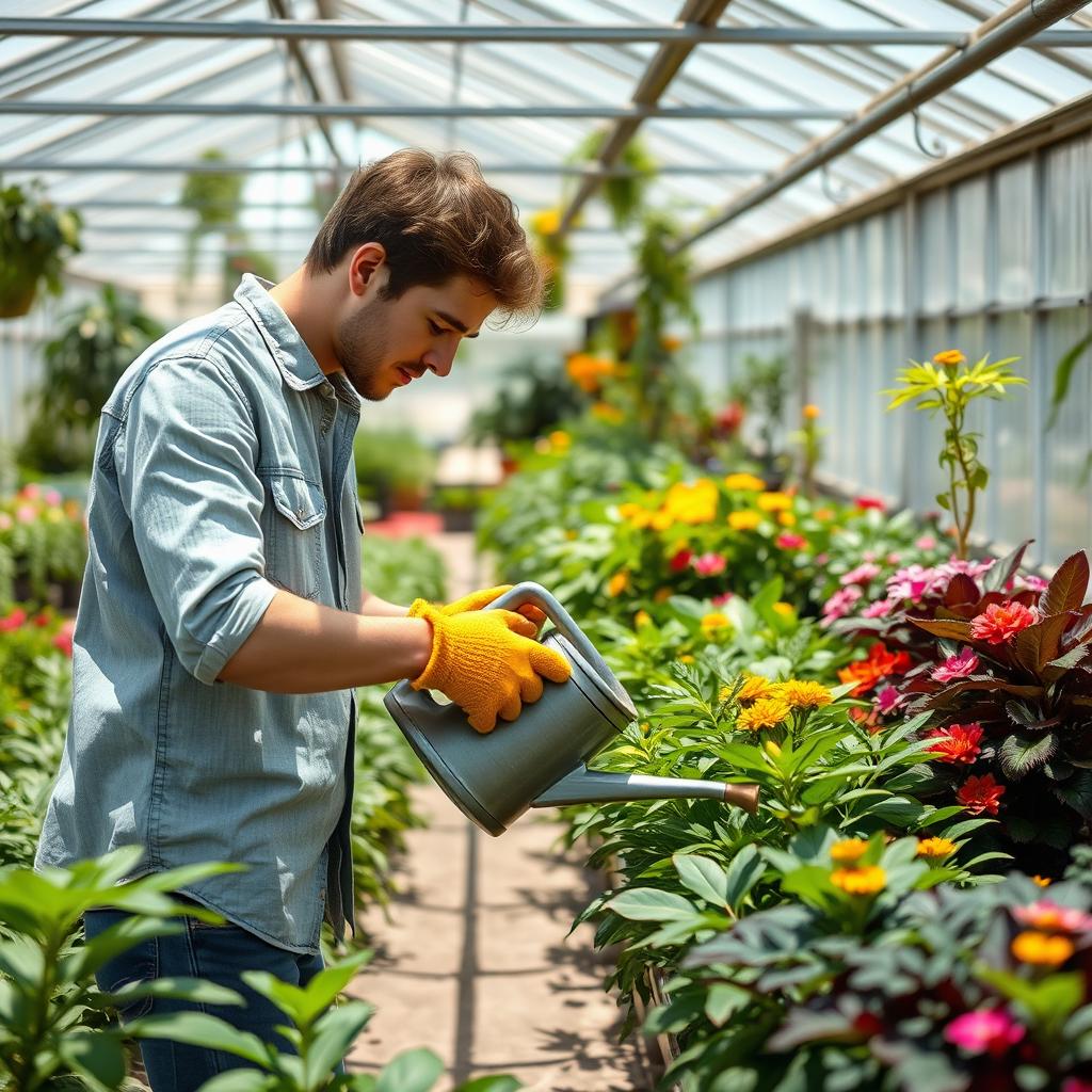 A young man attentively tending to lush green plants in a sunlit greenhouse