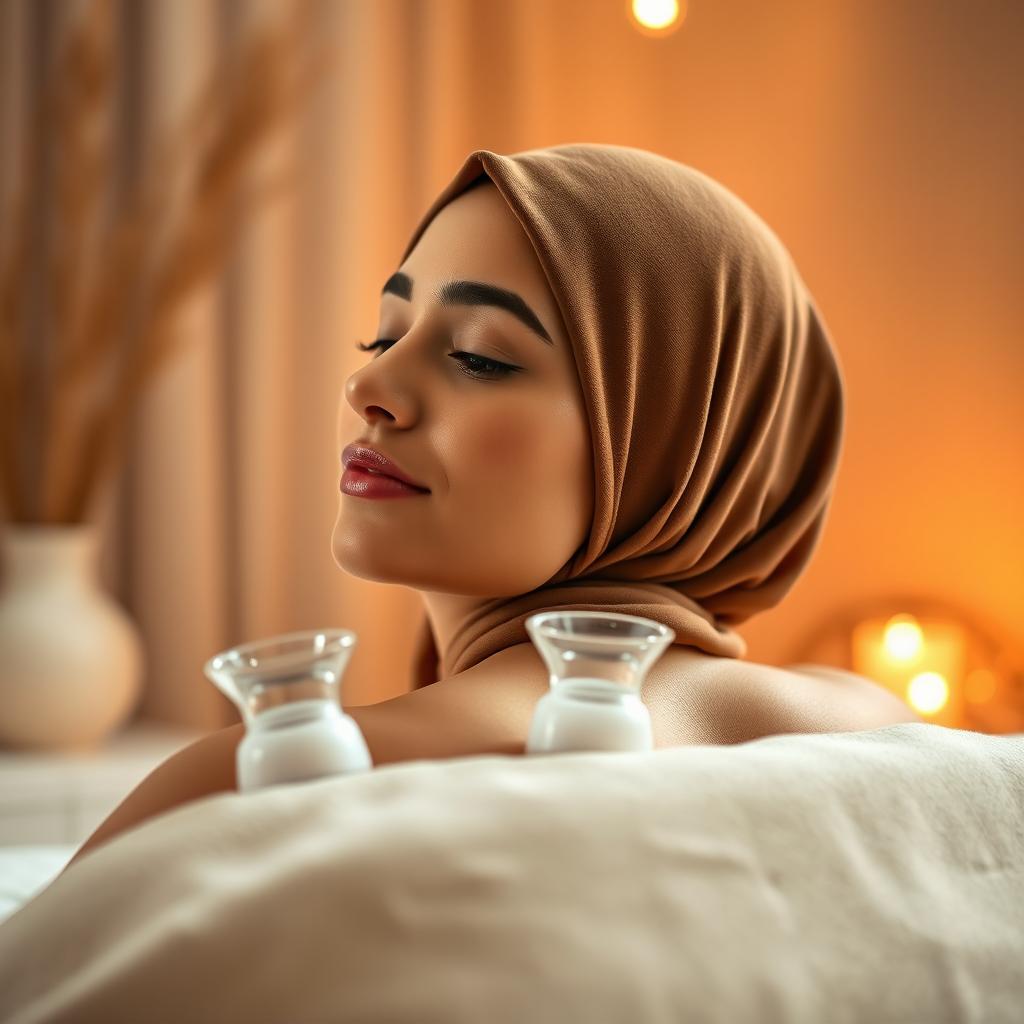 A realistic photo of a woman in a hijab receiving a soothing cupping therapy session