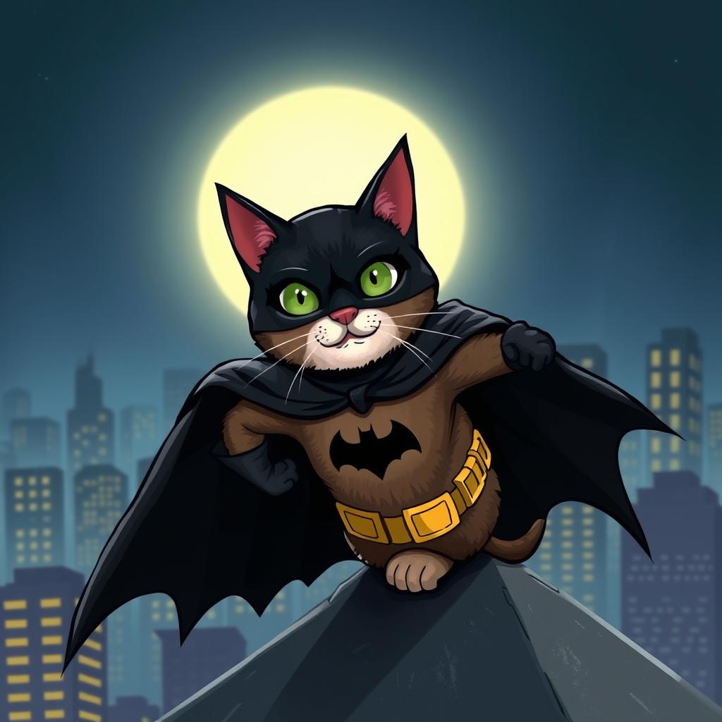 A playful and imaginative depiction of a cat dressed as Batman, complete with a black cape and bat ears, perched heroically on a rooftop at night