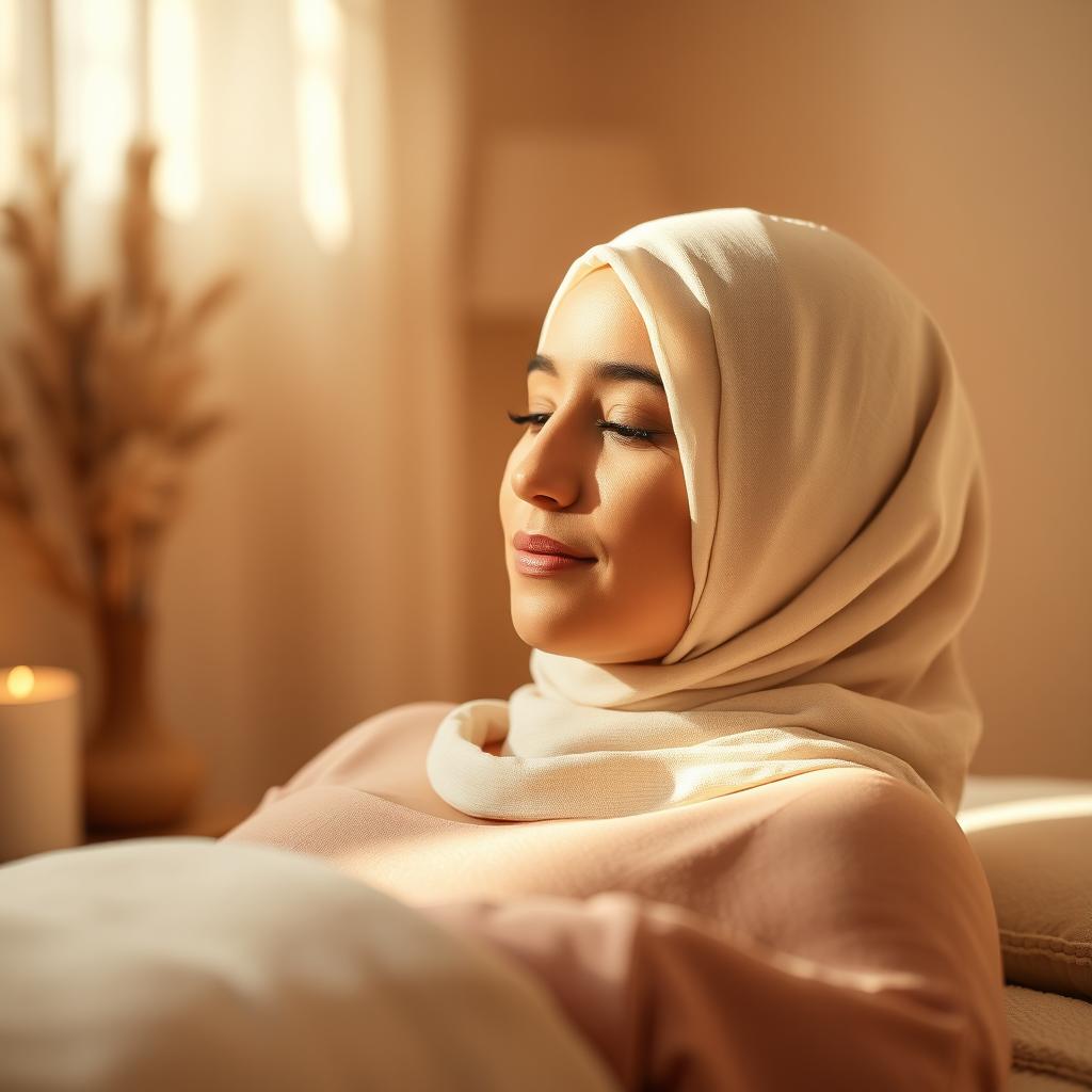 A realistic photograph depicting a woman in a hijab receiving cupping therapy