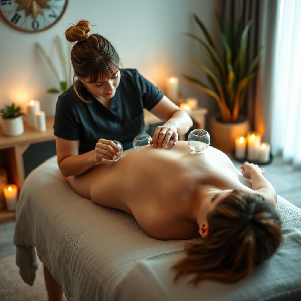 A serene wellness atmosphere featuring a professional performing cupping therapy on a client's back