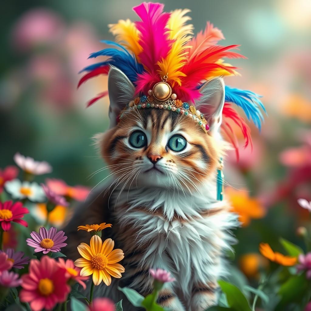 A whimsical scene featuring a cat wearing a charming and elaborate headdress, lavishly decorated with colorful feathers and beads