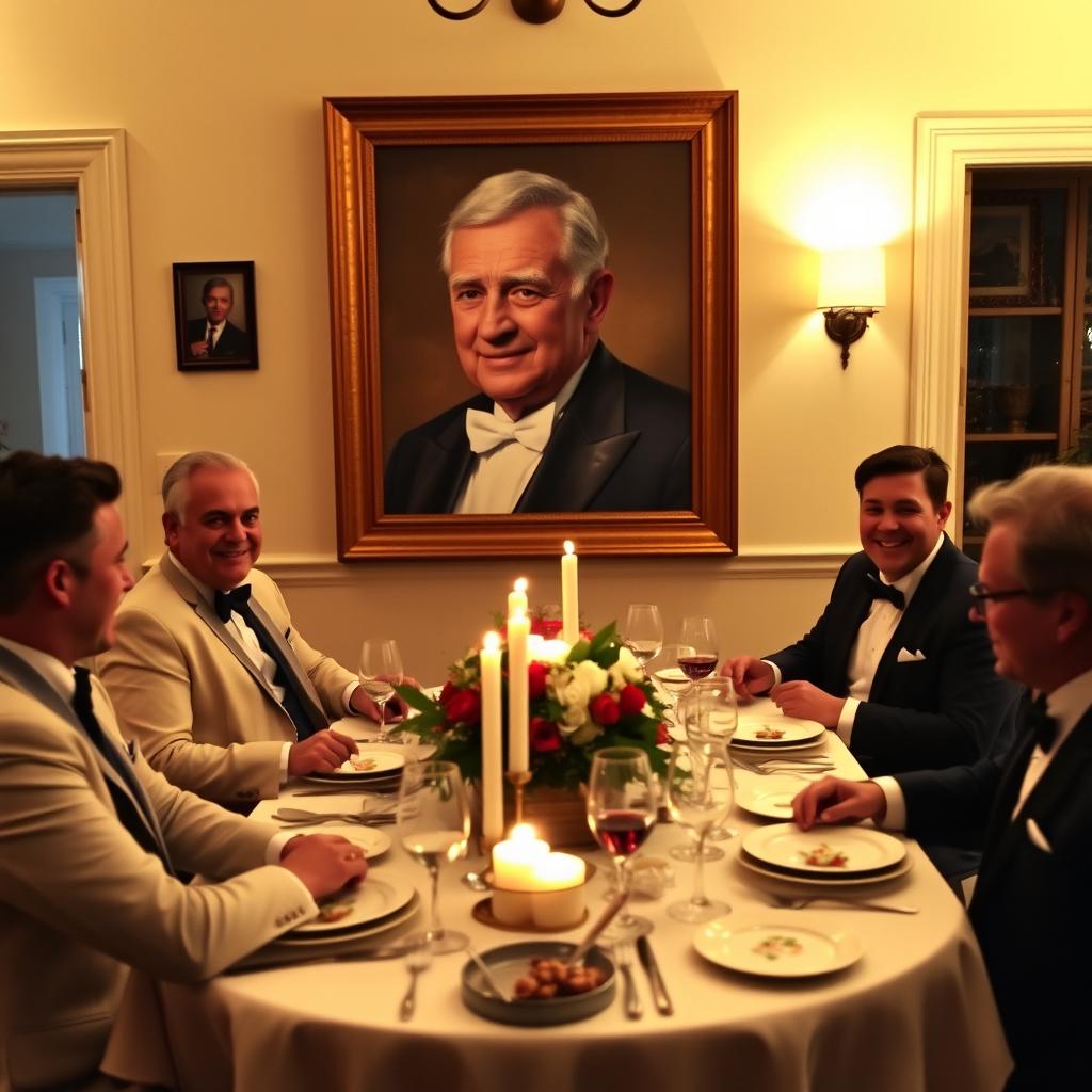 A refined dinner setting for five individuals dressed in elegant suits, seated around a beautifully set dining table with fine china and candles