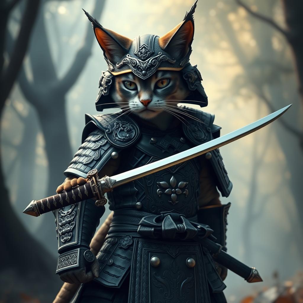 A fierce cat warrior standing proudly, adorned in a beautifully intricate suit of armor that resembles traditional samurai gear, complete with a helmet featuring cat ears