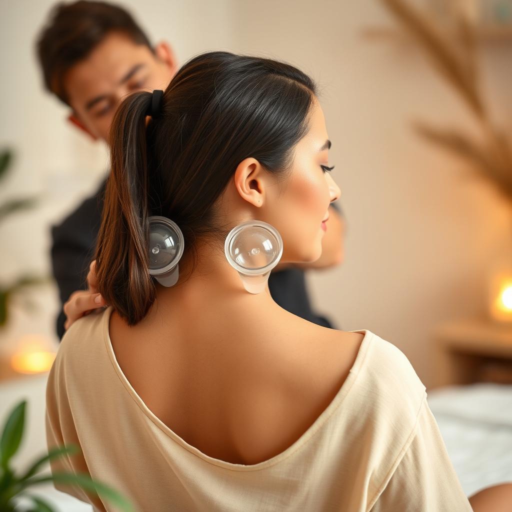 A serene and calming scene depicting hijama therapy, featuring a skilled practitioner gently placing hijama cups on the back of a relaxed adult