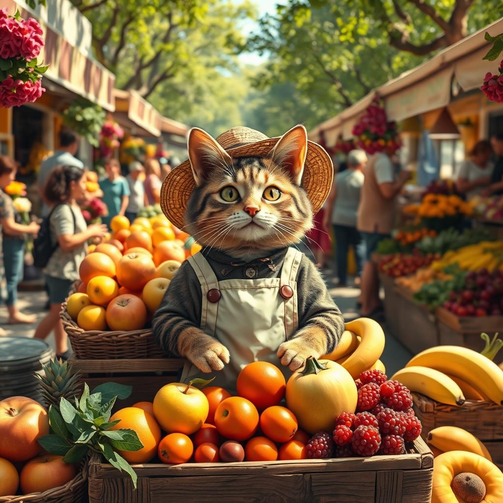 A whimsical scene featuring a friendly cat dressed in a vintage fruit seller's outfit, complete with a straw hat and apron