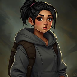 A young Latina dressed in a stylish hoodie stands confidently, embodying a casual yet adventurous spirit