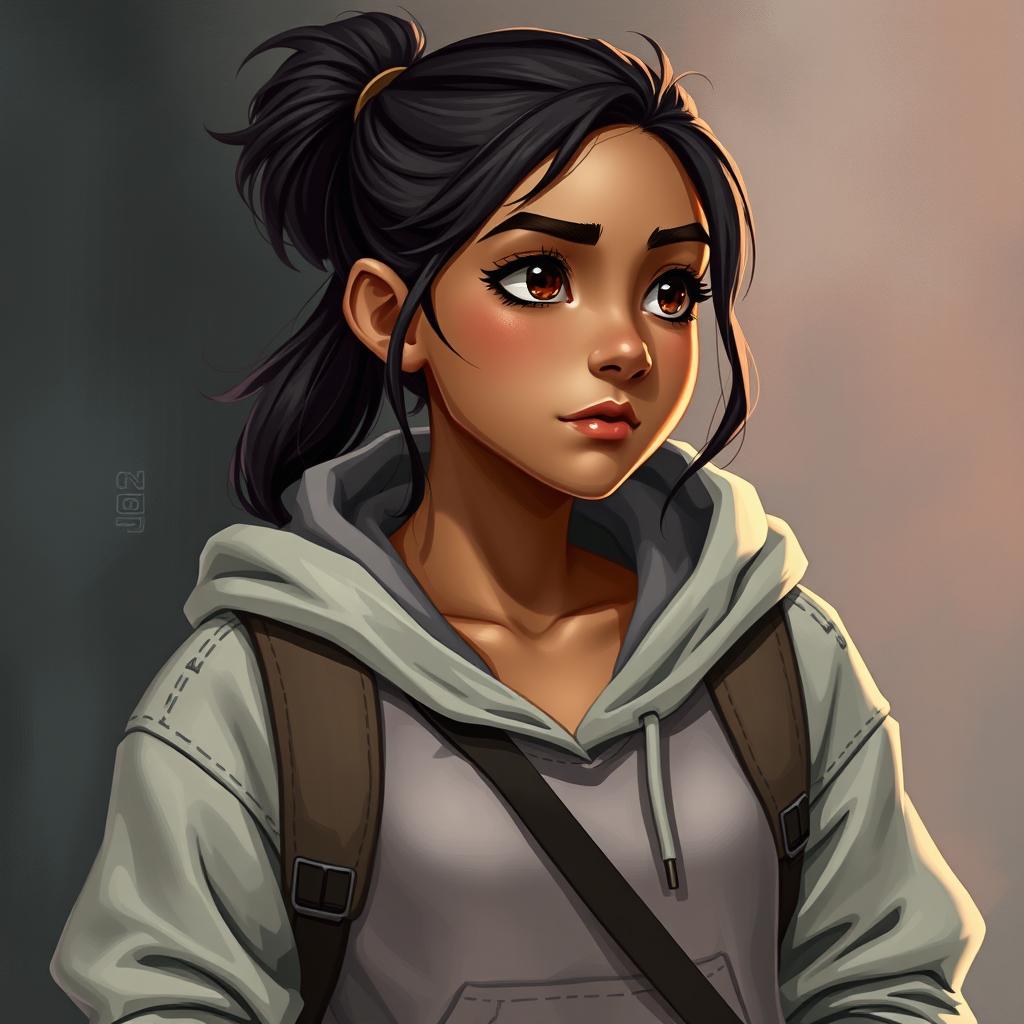 A young Latina dressed in a stylish hoodie stands confidently, embodying a casual yet adventurous spirit
