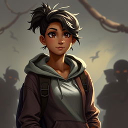 A young Latina dressed in a stylish hoodie stands confidently, embodying a casual yet adventurous spirit