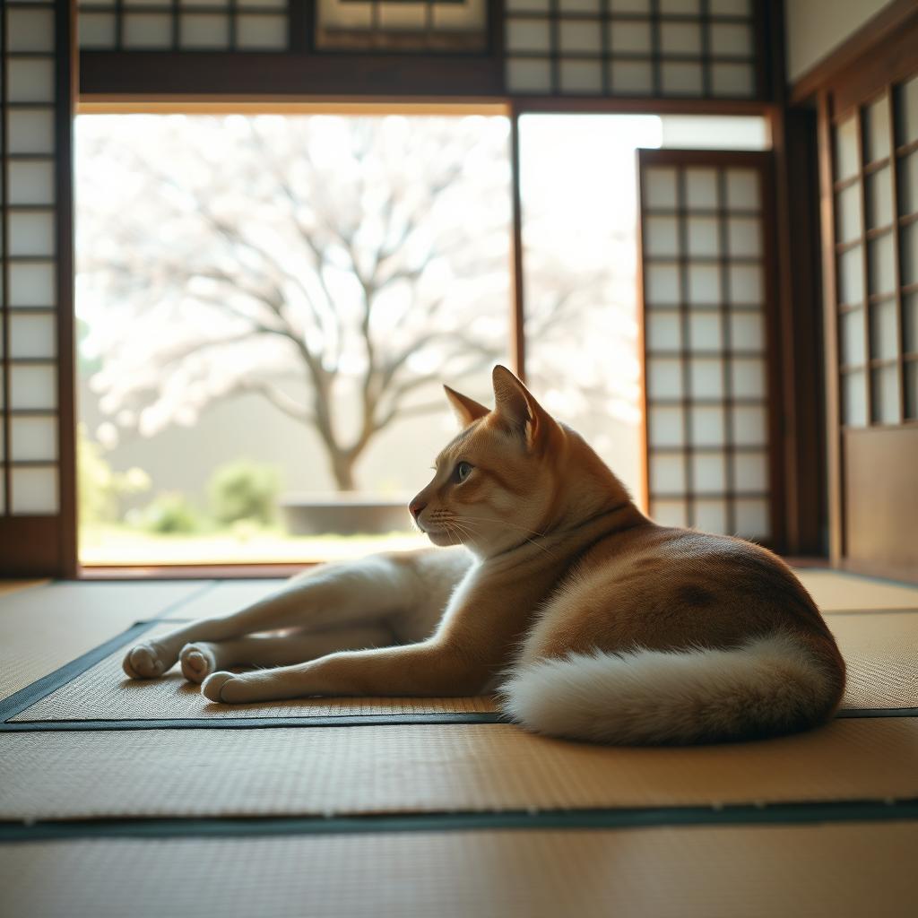 A serene Japanese landscape featuring a graceful cat lounging on a traditional tatami mat inside a tea house