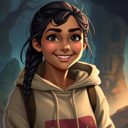 In the DnD art style, a young Latina is depicted wearing a comfortable hoodie, embodying a sense of adventure and curiosity