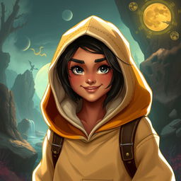 In the DnD art style, a young Latina is depicted wearing a comfortable hoodie, embodying a sense of adventure and curiosity