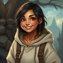 In the DnD art style, a young Latina is depicted wearing a comfortable hoodie, embodying a sense of adventure and curiosity