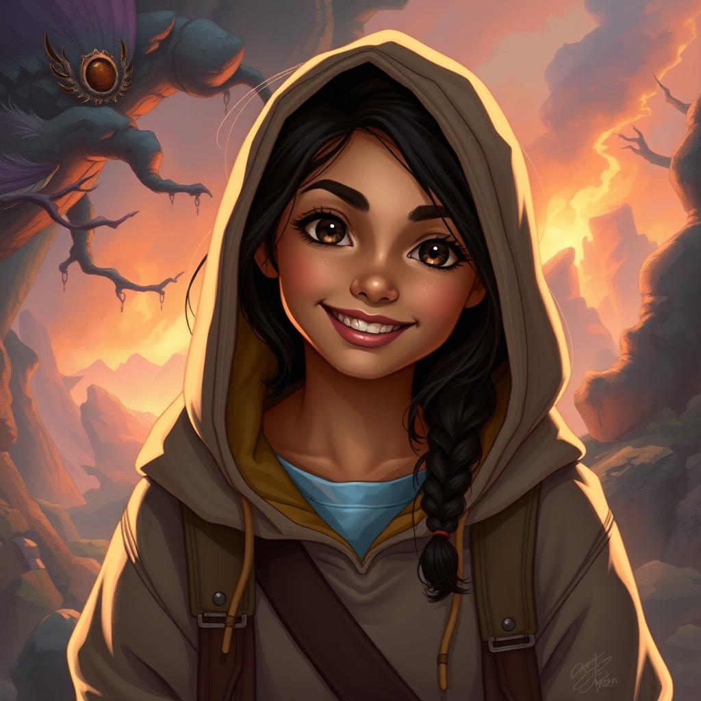 In the DnD art style, a young Latina is depicted wearing a comfortable hoodie, embodying a sense of adventure and curiosity