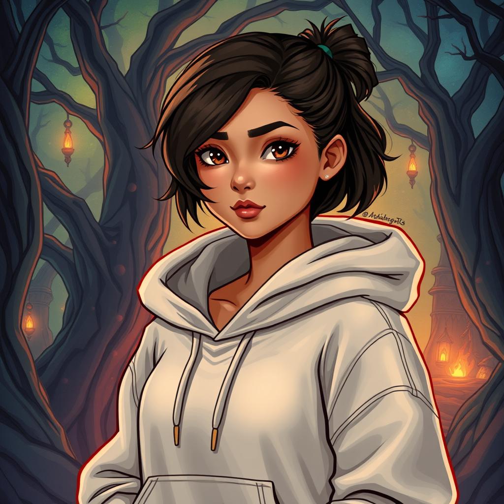 In the DnD art style, a young Latina stands confidently wearing a cozy hoodie