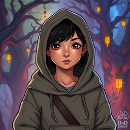 In the DnD art style, a young Latina stands confidently wearing a cozy hoodie
