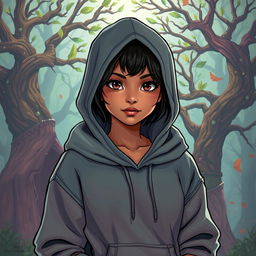 In the DnD art style, a young Latina stands confidently wearing a cozy hoodie