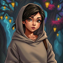 In the DnD art style, a young Latina stands confidently wearing a cozy hoodie