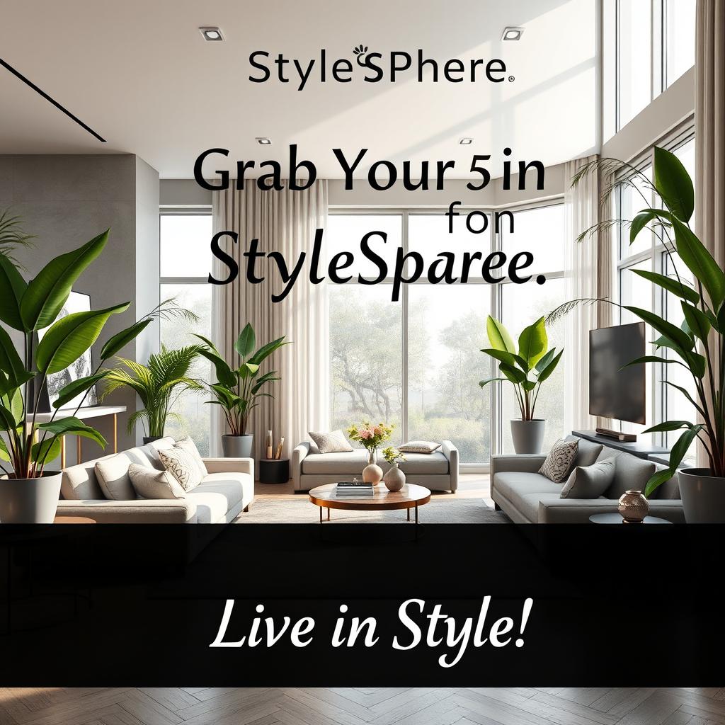 Create a stylish and inviting marketing poster for StyleSphere, showcasing a modern and luxurious living space that embodies the concept of living in style