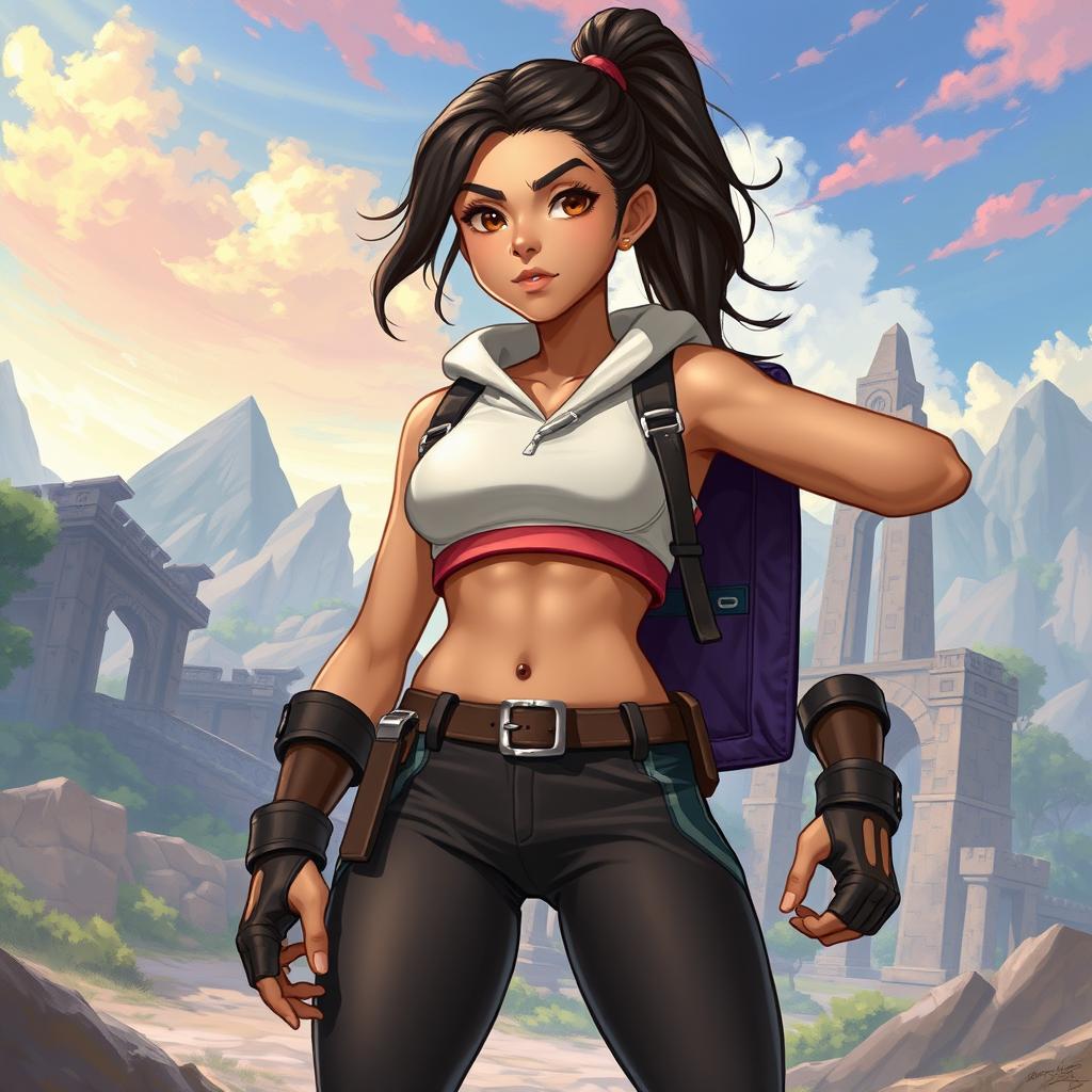 In the DnD art style, a young Latina is depicted in stylish athletic wear, showcasing her dynamic and sporty appearance